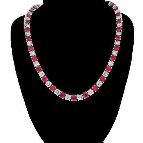 18k White Gold Mens Custom Diamond & Burmese Ruby Tennis Chain